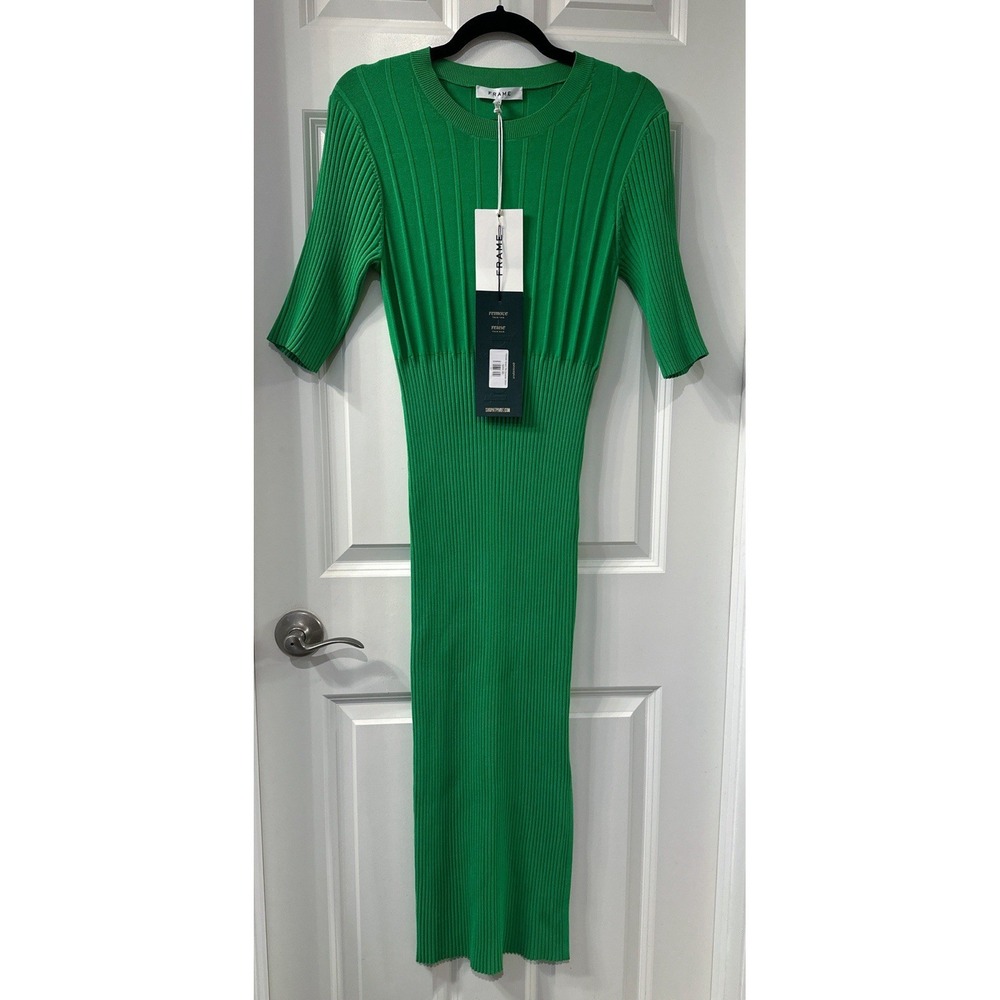 FRAME Mixed Rib Sweater Dress Green Bright Peridot Midi Stretch Knit NWT L